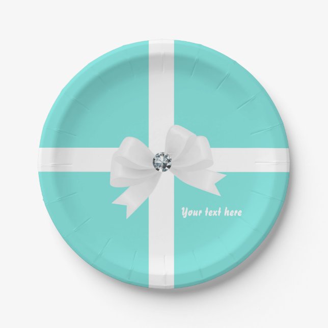 Teal Blue & White Elegant Glam Diamond Bow Paper Plates (Front)