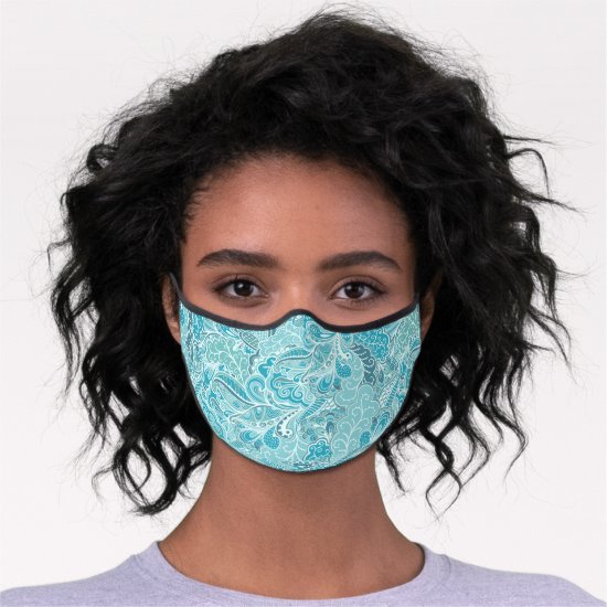 Teal Blue White Elegant Paisley Pattern Womens Premium Face Mask