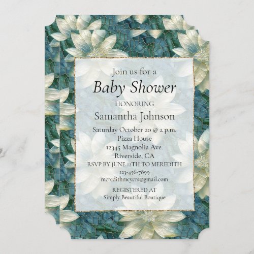 Teal Blue White Floral Invitation