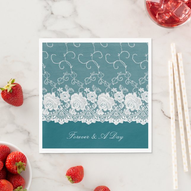 Teal Blue White Floral Lace Wedding Napkins (Insitu)