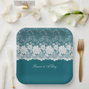 Teal Blue White Floral Lace Wedding Paper Plates