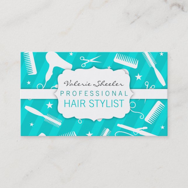 Teal Blue & White Hair Salon Tools Business Card (Front)