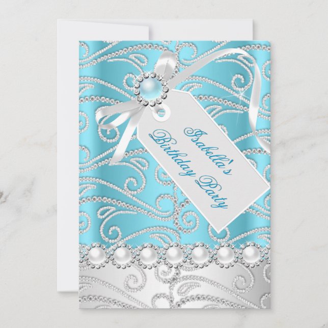 Teal Blue White Pearl Diamonds Birthday Party 4 Invitation (Front)