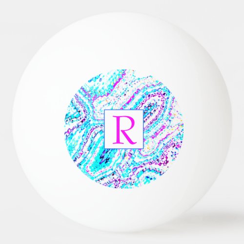 Teal Blue White Pink Waves Abstract Monogram Gift Ping Pong Ball