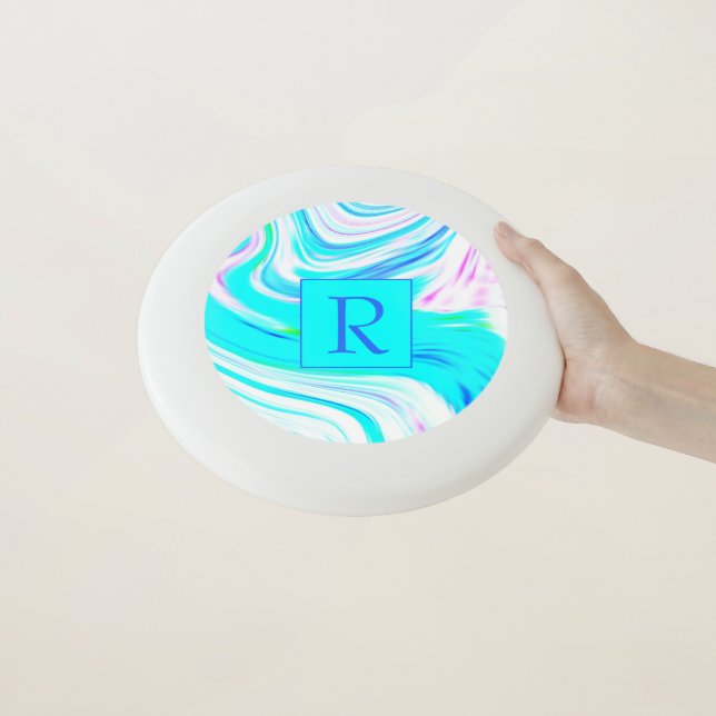 Teal Blue White Pink Waves Abstract Monograms Wham-O Frisbee (In Hand)