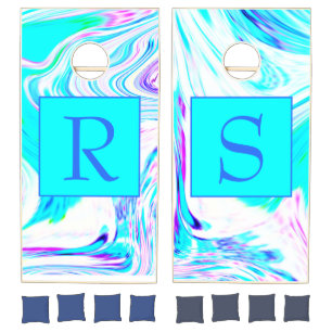 Teal Blue White Pink Waves Monogram Abstract Cornhole Set