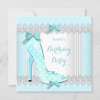 Teal Blue White Polka Dot High Heel Birthday Party Invitation
