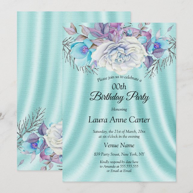 Teal Blue White Purple Floral Birthday Party Invitation (Front/Back)