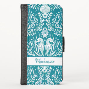 Teal Blue White Seahorse Damask Personalized iPhone X Wallet Case