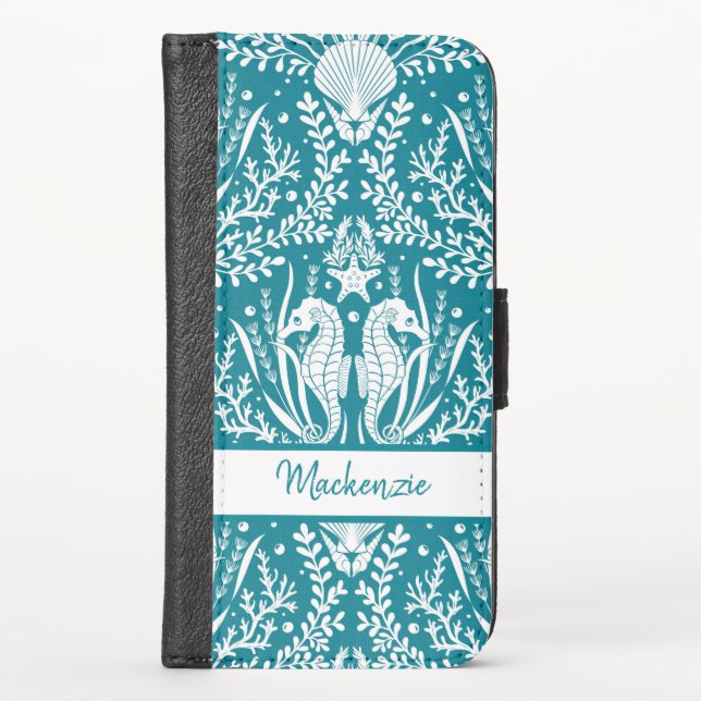 Teal Blue White Seahorse Damask Personalized iPhone Wallet Case (Front)