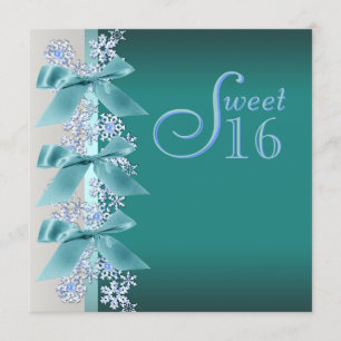 Teal Blue White Snowflake Sweet Sixteen Birthday Invitation