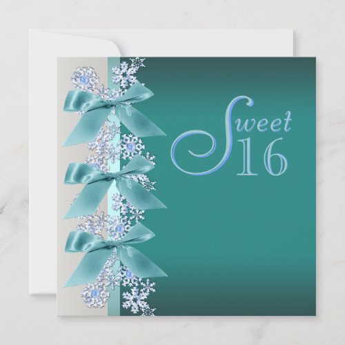Teal Blue White Snowflake Sweet Sixteen Birthday Invitation