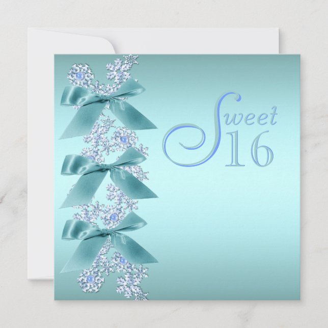 Teal Blue White Snowflake Sweet Sixteen Birthday Invitation (Front)