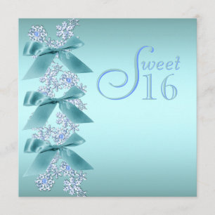 Teal Blue White Snowflake Sweet Sixteen Birthday Invitation
