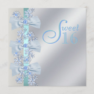 Teal Blue White Snowflake Sweet Sixteen Birthday Invitation