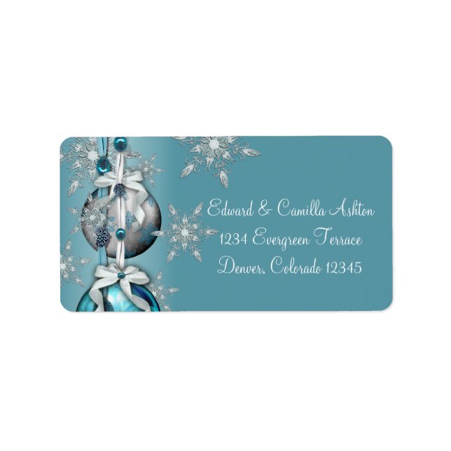 Teal Blue White Snowflakes Blue Christmas Address  Label (Front)