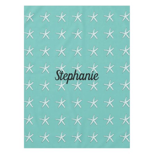 Teal Blue White Starfish Name Template Modern Cool Tablecloth