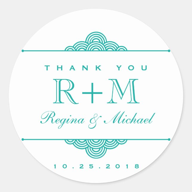 Teal Blue White Swirl Circle Wedding Favor Sticker (Front)