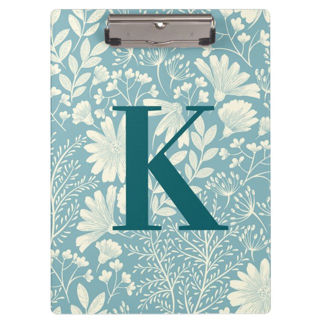 Teal Blue White Vintage Floral Pattern Monogram   Clipboard (Front)