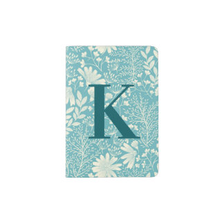 Teal Blue White Vintage Floral Pattern Monogram Passport Holder