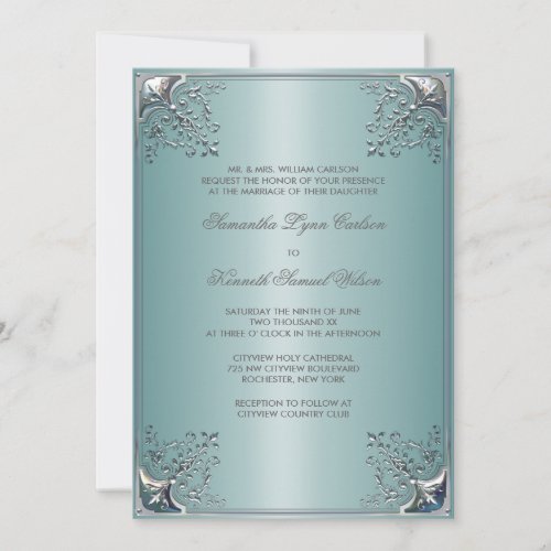 Teal Blue White Wedding Invitations