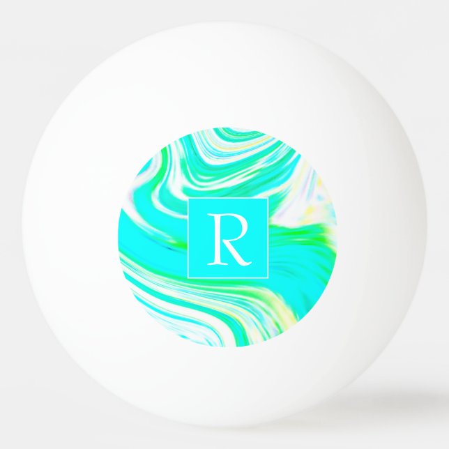 Teal Blue White Yellow Waves Abstract Monograms Ping Pong Ball (Front)