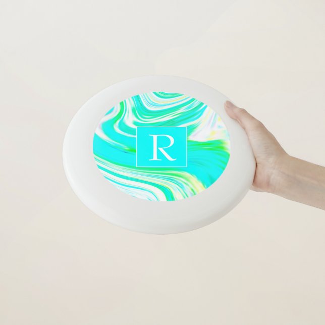 Teal Blue White Yellow Waves Abstract Monograms Wham-O Frisbee (In Hand)