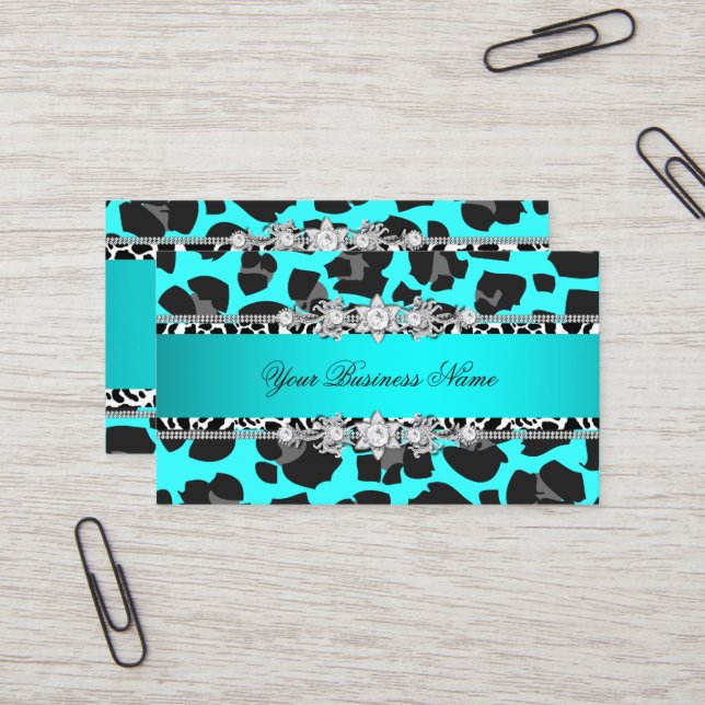 Teal Blue Wild Animal Black Jewel Look Image Business Card (Front/Back In Situ)