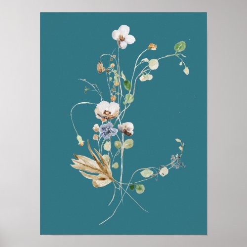 Teal Blue Wildflower Field Flower Watercolor Poster