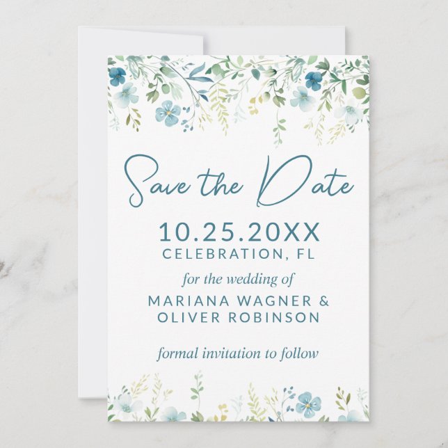 Teal Blue Wildflowers Save the Date Card (Front)