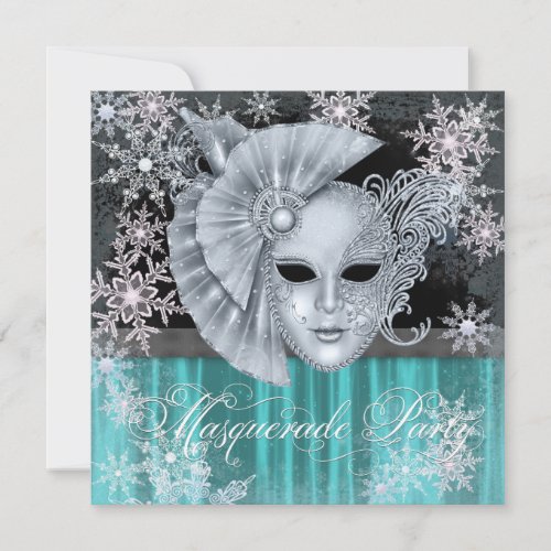 Teal Blue Winter Wonderland Masquerade Party Invitation