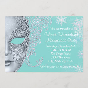 Teal Blue Winter Wonderland Masquerade Party Invitation