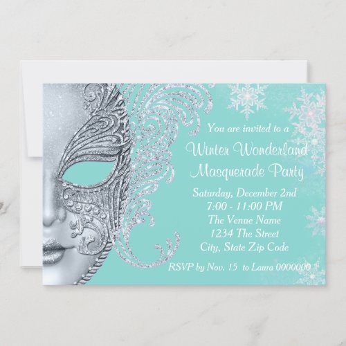 Teal Blue Winter Wonderland Masquerade Party Invitation