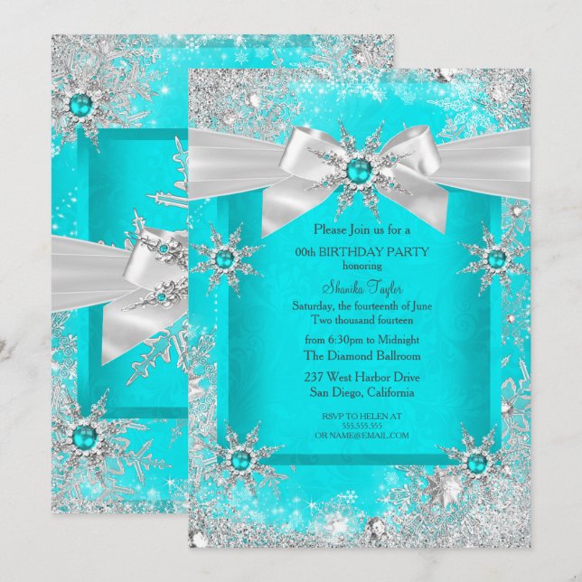 Teal Blue Winter Wonderland Snowflake Silver Bow 2 Invitation (Front/Back)