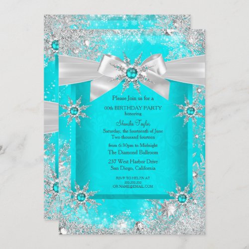 Teal Blue Winter Wonderland Snowflake Silver Bow 2 Invitation