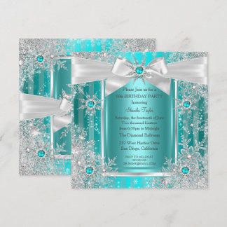 Teal Blue Winter Wonderland Snowflake Silver Bow Invitation