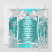 Teal Blue Winter Wonderland Snowflake Silver Bow Invitation (Front)