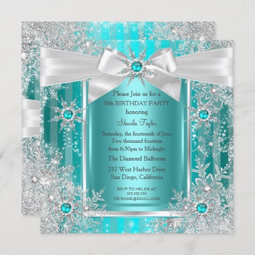 Teal Blue Winter Wonderland Snowflake Silver Bow Invitation