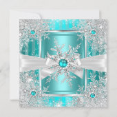 Teal Blue Winter Wonderland Snowflake Silver Bow Invitation (Back)