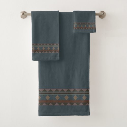 Teal Blue with Aztec Geometric Design Stripe Bath Towel Set