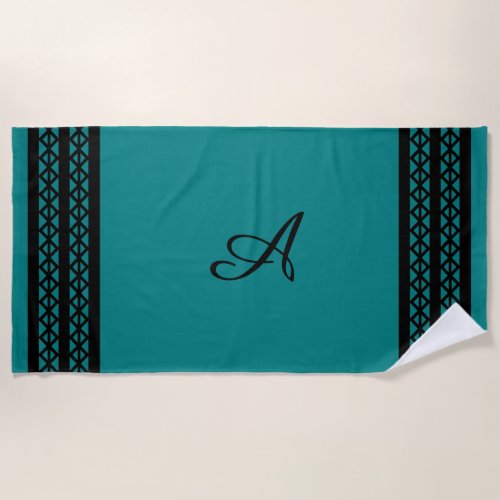 Teal Blue with Bold Black Bars Stripes Diamonds Beach Towel