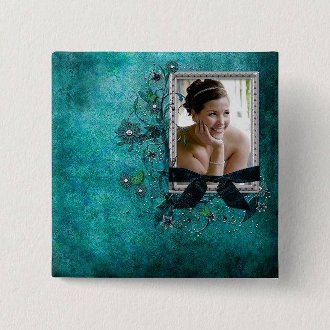 Teal blue with flowers photo template button (Front)