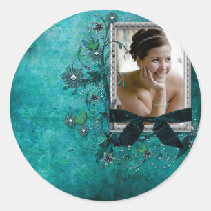 Teal blue with flowers photo template classic round sticker