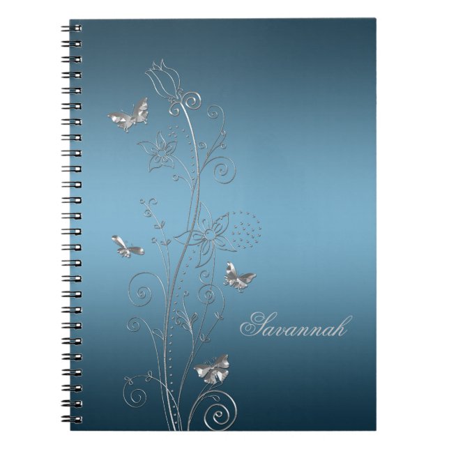 Teal Blue With Silver Floral Butterflies Notebooks (Front)