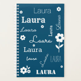 Teal Blue with White Flowers, Custom Name Planner