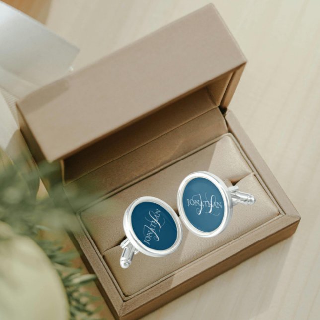 Teal Blue with White Stylized Monogram Cufflinks (In Situ Box)
