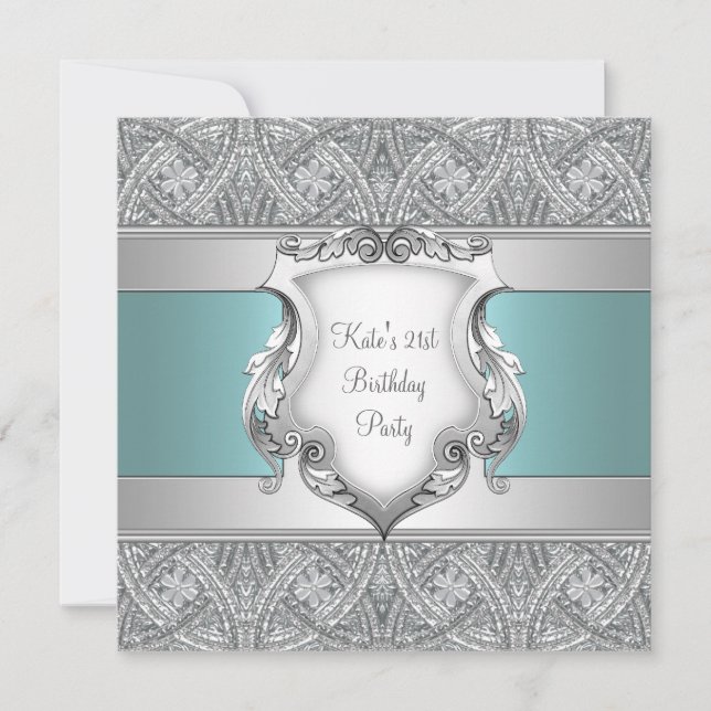 Teal Blue Womans 21st Birthday Party Invitation (Front)