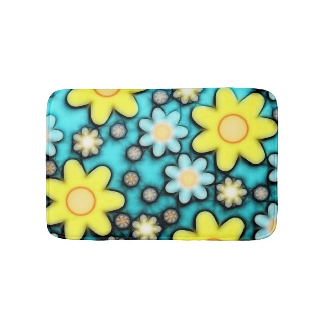 Teal Blue & Yellow Floral Girly Pattern Bathroom Mat (Front)