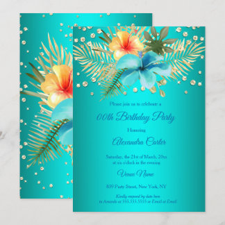 Teal blue Yellow gold palms floral Birthday Invitation