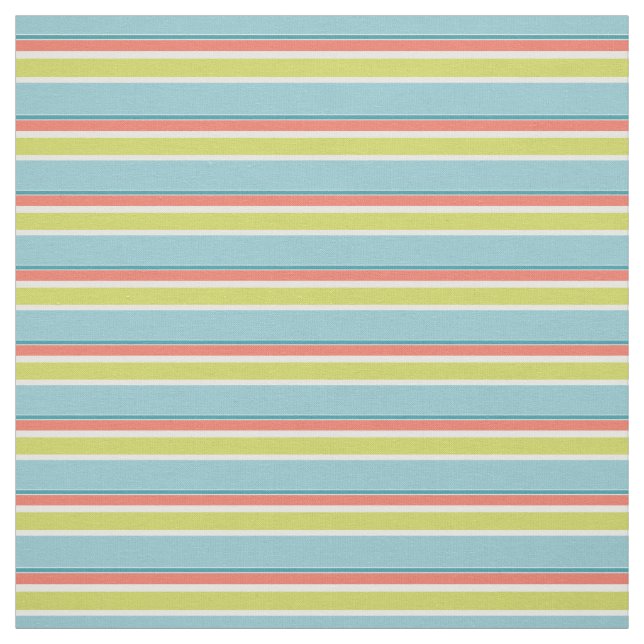 Teal Blue Yellow Green Coral Red Stripes Pattern Fabric (Swatch)